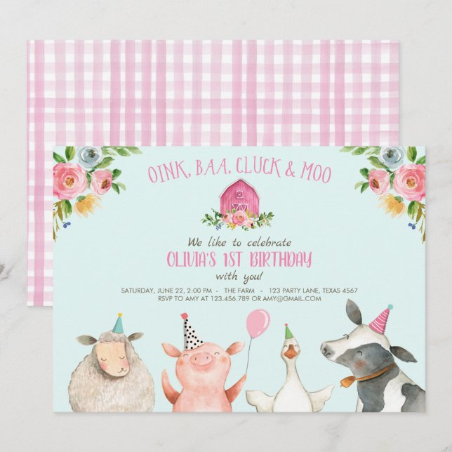 Farm Old MacDonald Barnyard Pink Animals Party Einladung (Vorne/Hinten)