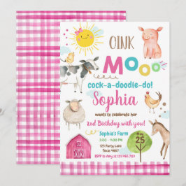 Farm Old MacDonald Barnyard Pink Animals Party Einladung