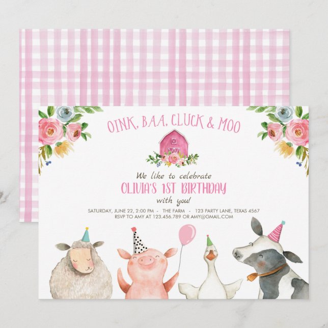 Farm Old MacDonald Barnyard Pink Animals Party Einladung (Vorne/Hinten)