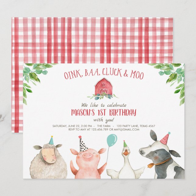 Farm Old MacDonald Barnyard Red Boy Animals Party Einladung (Vorne/Hinten)