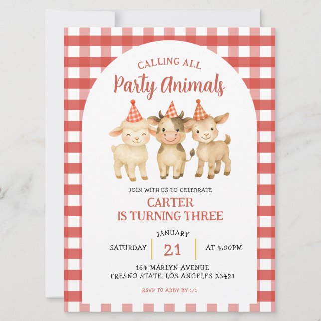 Farm Party Calling All Party Animals Birthday Einladung (Vorderseite)