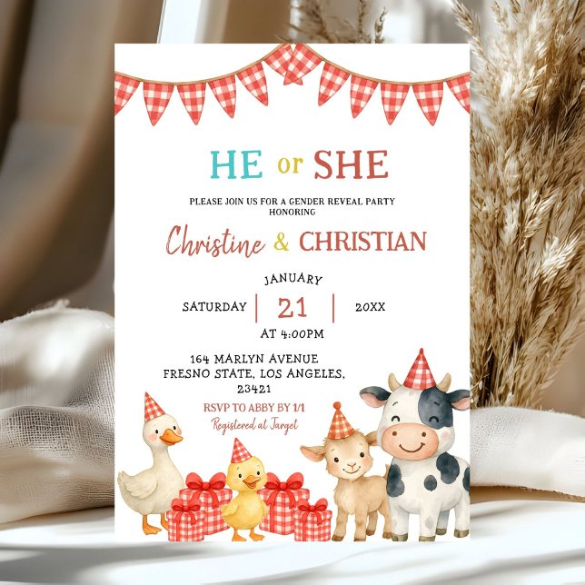 Farm Party He or She Gender Reveal Invitation (Créateur téléchargé)