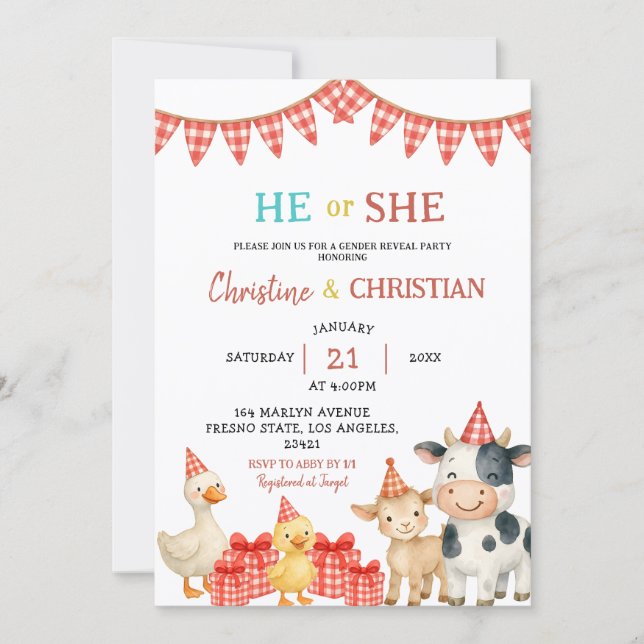 Farm Party He or She Gender Reveal Invitation Einladung (Vorderseite)