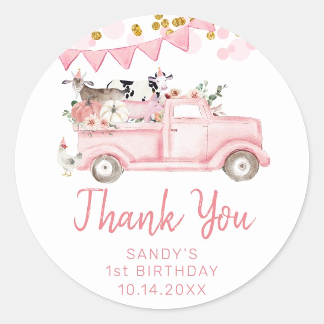 Farm Pumpkin Pink Truck Drive by Danke Runder Aufkleber (Vorderseite)