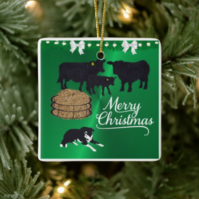 Farm Ranch Black Angus Rind und Hund Weihnachten Keramikornament (Baum)