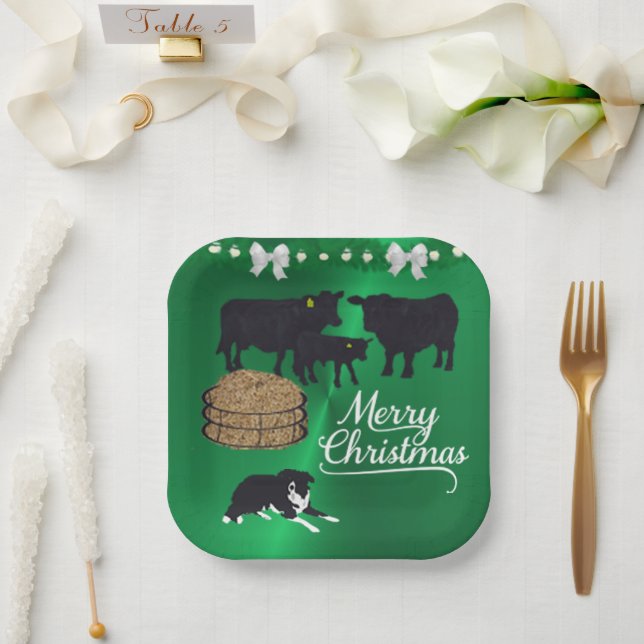 Farm Ranch Black Angus Rind und Hund Weihnachten Pappteller (Hochzeit)