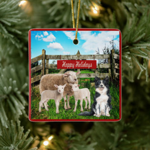 Farm Ranch Sheep und Hund Happy Holidays Keramikornament