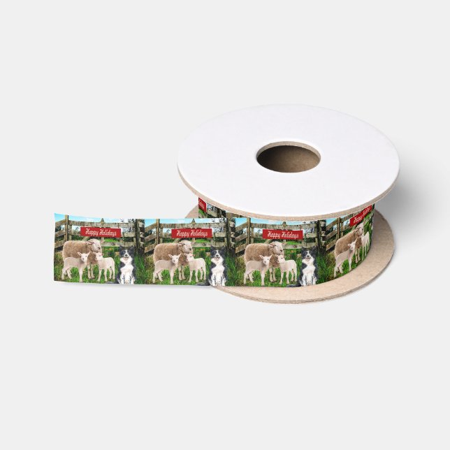 Farm Ranch Sheep und Hund Happy Holidays Satinband (Spule)