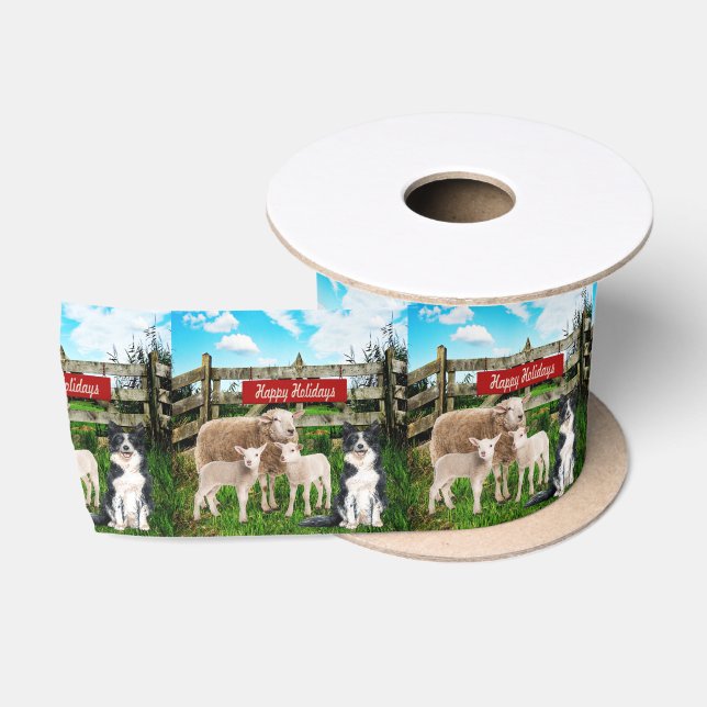 Farm Ranch Sheep und Hund Happy Holidays Satinband (Spule)