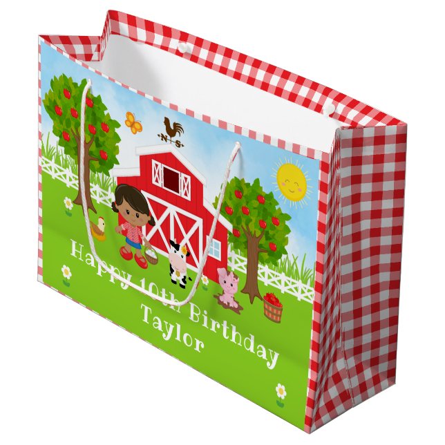 Farm Red Barn Afrikanisches Mädchen Happy Birthday Große Geschenktüte (Vorderseite Schrägansicht)