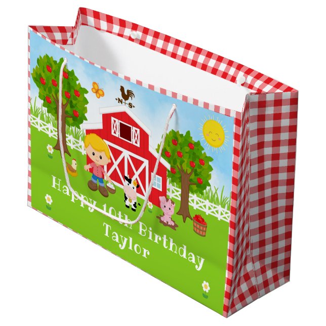 Farm Red Barn Blonde Hair Boy Happy Birthday Große Geschenktüte (Vorderseite Schrägansicht)