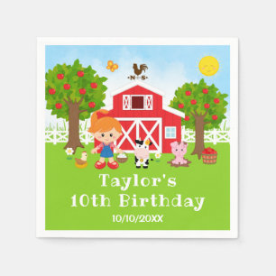 Farm Red Barn Red Hair Girl Birthday Party Serviette
