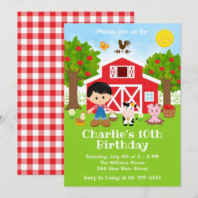 Farm Red Barnyard Birthday Black Hair Boy Einladung (Vorne/Hinten)