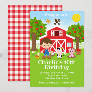 Farm Red Barnyard Birthday Brown Hair Boy Einladung