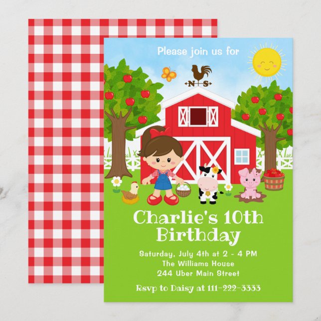 Farm Red Barnyard Birthday Brown Hair Girl Einladung (Vorne/Hinten)