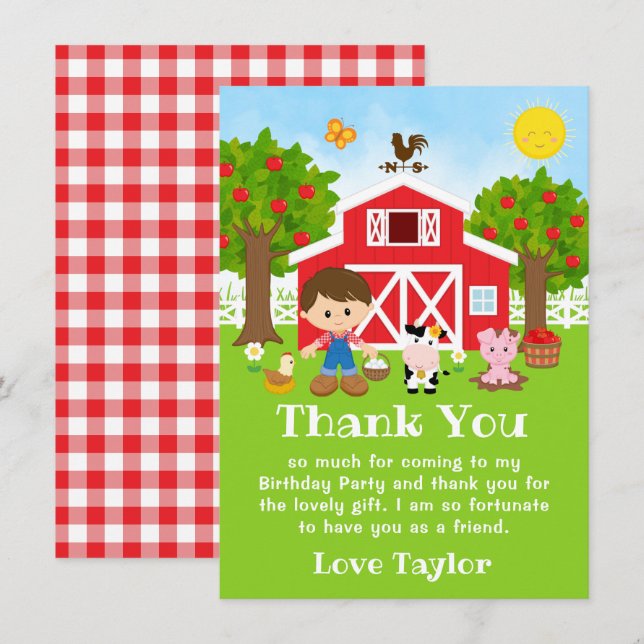Farm Red Birthday Brown Hair Boy Dankeskarte (Vorne/Hinten)