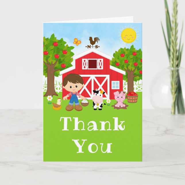 Farm Red Birthday Brown Hair Boy Dankeskarte (Vorderseite)