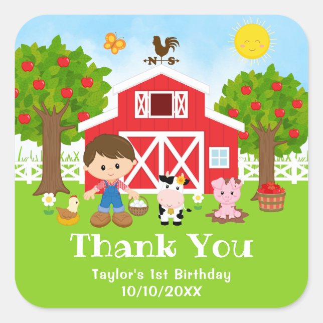 Farm Red Birthday Brown Hair Boy Vielen Dank Quadratischer Aufkleber (Vorderseite)