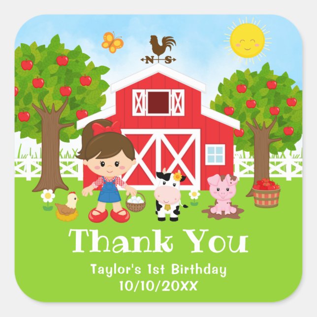 Farm Red Birthday Brown Hair Girl Vielen Dank Quadratischer Aufkleber (Vorderseite)