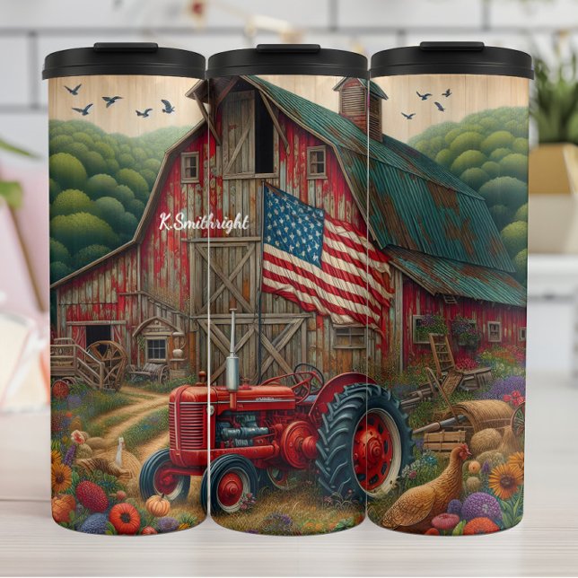 Farm Tractor Barn American Flag Thermosbecher (Von Creator hochgeladen)