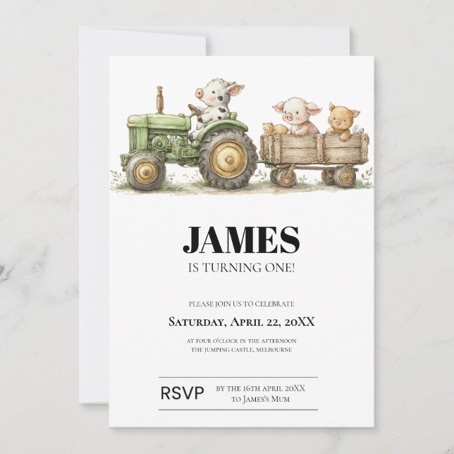 Farm Tractor Birthday Invitation | Barnyard Animal Karte (Vorderseite)