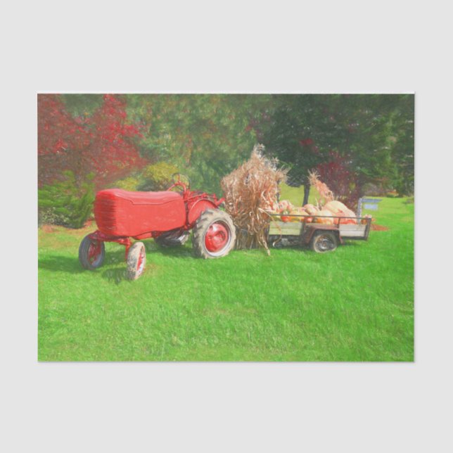 Farm Traktor Red Green Country Autumn Pumpkins Seidenpapier (Vorderseite)