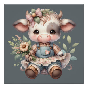 Farmcore Kawaii Calf Vintages Blumenkleid Poster