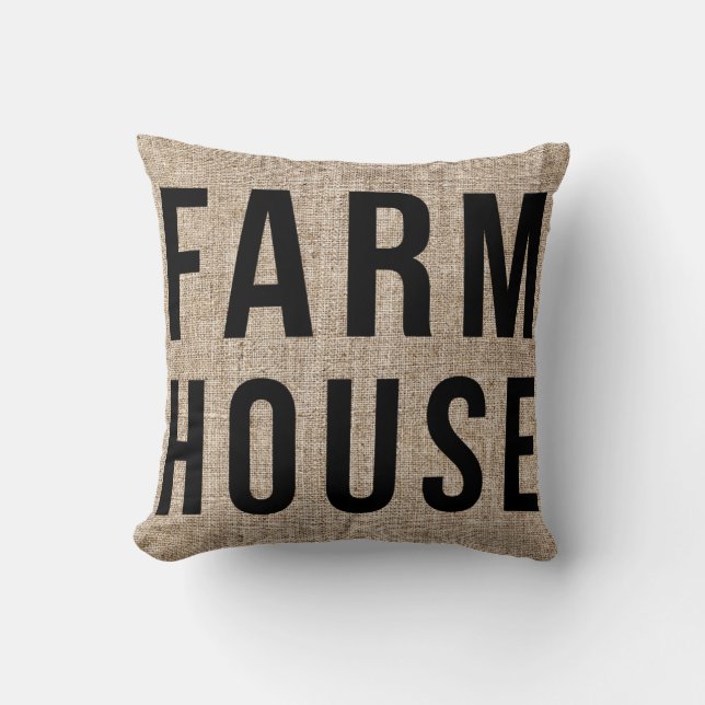 FARMHOUSE Black Letting Rustic Burlap Sacking Kissen (Vorderseite)
