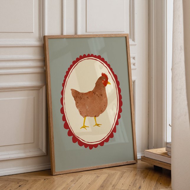 Farmhouse Chicken Rustic Baby Room Print Poster (Boho neutral nursery wall art with cute chicken illustration for baby room)