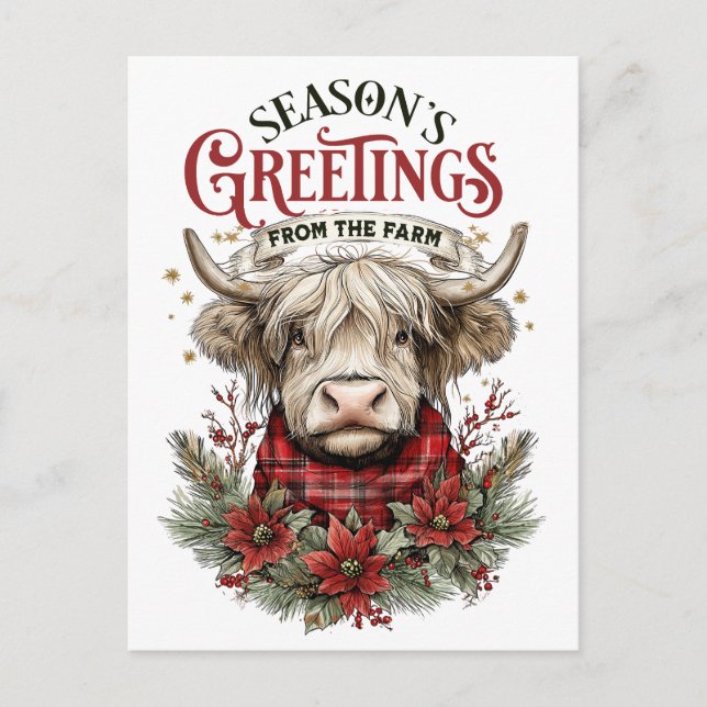Farmhouse Christmas Card – Festive Cow  Postkarte (Vorderseite)