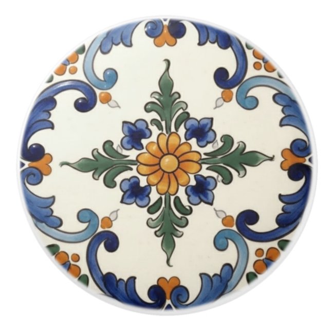 Farmhouse Folk Flower Mediterranean Blue Orange Keramikknauf (Vorderseite)