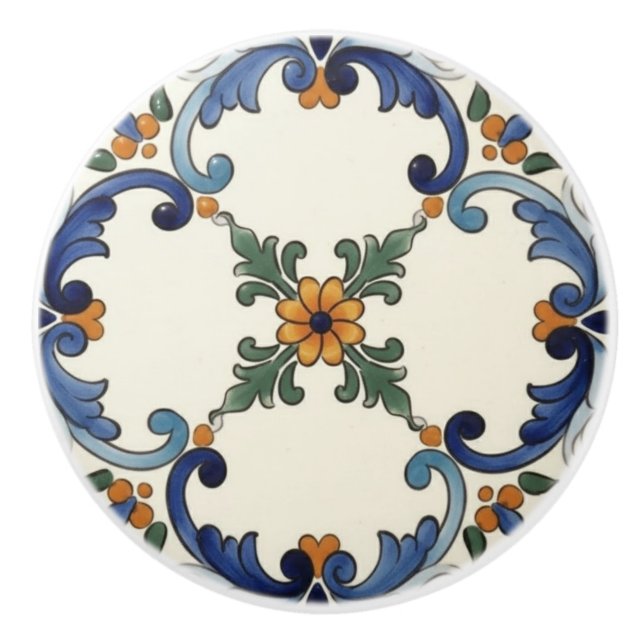 Farmhouse Folk Flower Mediterranean Blue Orange Keramikknauf (Vorderseite)