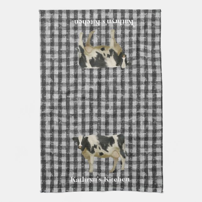 Farmhouse Gingham Check Rustic Black White Cow Geschirrtuch (Vertikal)