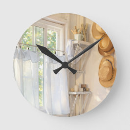 Farmhouse Neutral Clock "Curtain in the Wind" Runde Wanduhr