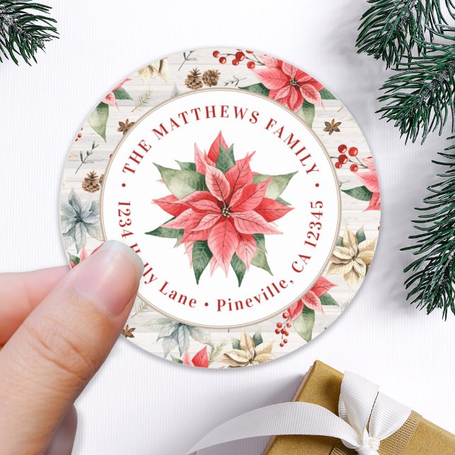 Farmhouse Poinsettia Round Return Address Label Runder Aufkleber (Von Creator hochgeladen)