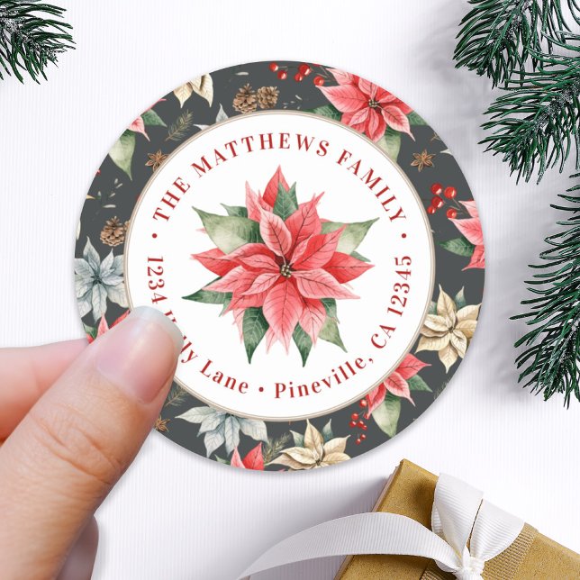 Farmhouse Poinsettia Round Return Address Label Runder Aufkleber (Von Creator hochgeladen)