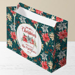 Farmhouse Poinsettia Rustic Merry Christmas Große Geschenktüte<br><div class="desc">Vom Bauernhof Poinsettia Weihnachts- & Feiertagssammlung: Bauernhaus Poinsettia Rustikale Weihnachtsgeschenktaschen, mit schöner Kalligrafie Script Typografie Frohe Weihnachten, und Personalisiert zu & von Name. Einfache Anpassung des Textes für diese hübsche Weihnachtsbag-Vorlage. In 4 verschiedenen Farbvarianten bietet diese Option eine aquamarine grüne Hintergrundfarbe, eine hübsche Aquarellpoinsettia und einen grünen Hintergrund! Eine klassische...</div>