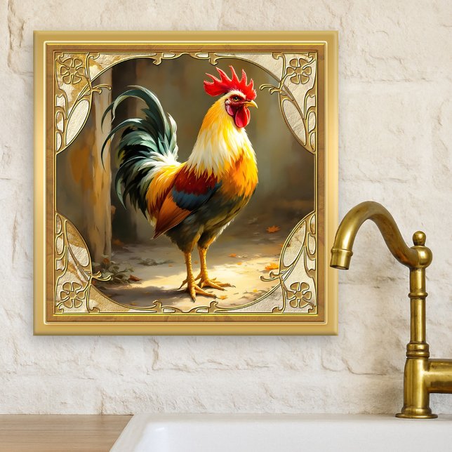 Farmhouse Rooster Gold Ceramic Tile Fliese (Tile featuring a painting of a rooster framed by a classic design in gold. Beautiful for a farmhouse)