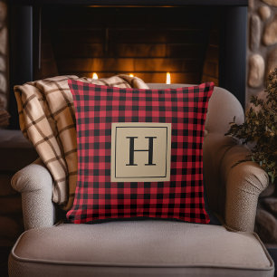 Farmhouse-Rot Gingham Karo Monogramm Kissen