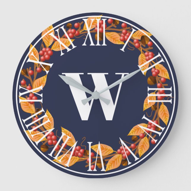 Farmhouse Rustic Fall Wreath & Navy Große Wanduhr (Vorderseite)