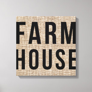FARMHOUSE Schwarz Schrift Rustikaler Jute Sack Leinwanddruck
