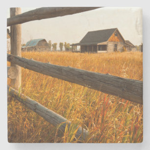 Farmhouse und Eisenbahnzaun in Grand Teton Steinuntersetzer