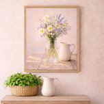 Farmhouse Wildflower Jar and Ceramic Pitcher  Poster<br><div class="desc">This farmhouse wildflower canvas wall art features a soft bouquet of daisies, lavender, and delicate pink flowers arranged in a clear glass jar beside a classic white ceramic pitcher. The warm rustic wooden table and gentle natural lighting create a peaceful cottage inspired scene. Perfect for farmhouse kitchens, dining rooms, bedrooms,...</div>
