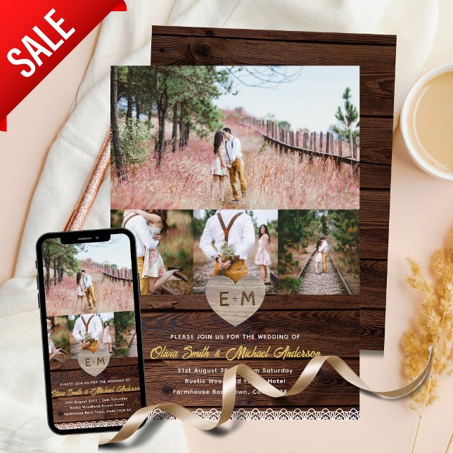 Farmouse Wedding | Rustikales Holzschnitt-FotoColl Einladung (Von Creator hochgeladen)