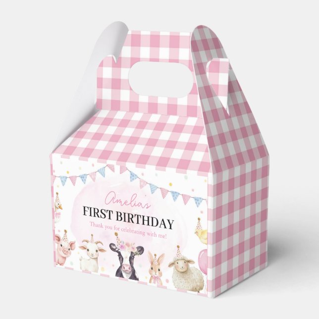 Farmtiere Pink Girl First Birthday Gefallen Box Geschenkschachtel (Vorderseite)