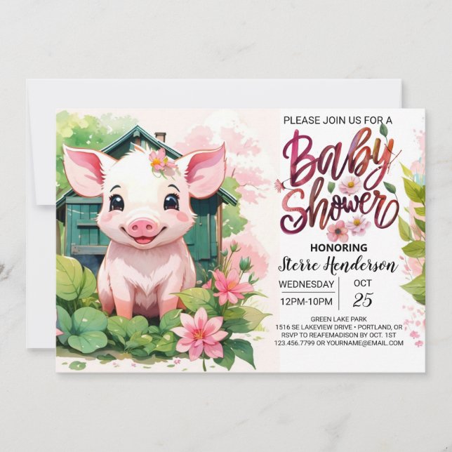 Farmyard Friends Pig Watercolor Babydusche Einladung (Vorderseite)