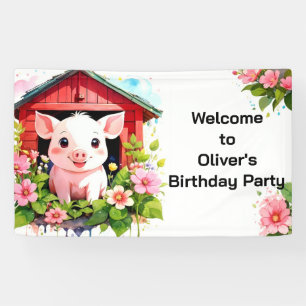 Farmyard Fun Joli Cochon Rose Bannière Anniversair