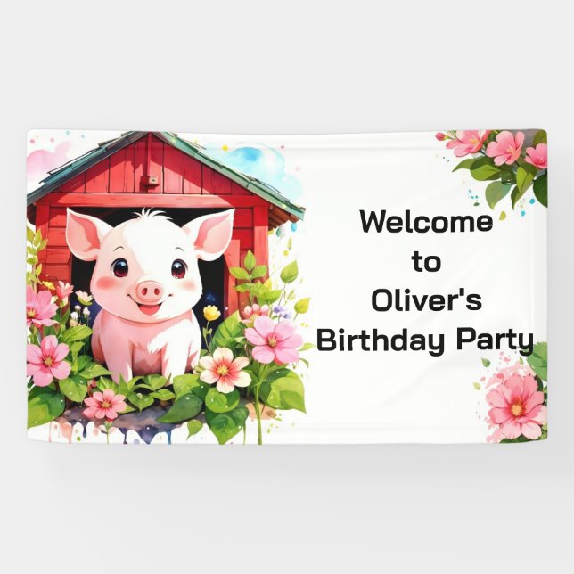 Farmyard Fun Joli Cochon Rose Bannière Anniversair (Horizontal)