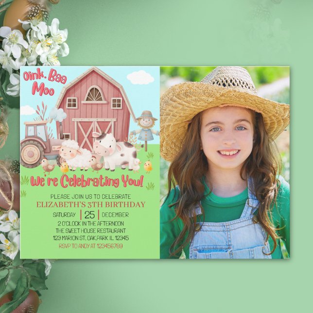 Farmyard Girl Birthday Photo – Cute Barn Animals  Einladung (Von Creator hochgeladen)