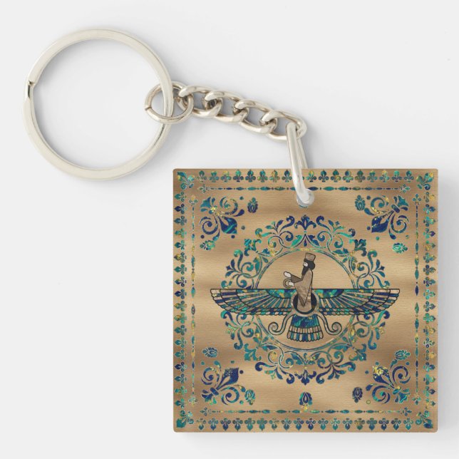 Farohar - Faravahar - Fravashi-Marmor und Gold Schlüsselanhänger (Vorderseite)